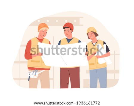 Foreman and workers in hard hats at construction site. Builders discussing building project or drawing of real estate. Colored flat vector illustration of constructors isolated on white background Stock foto © 