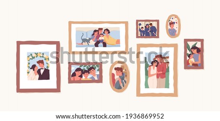 Set of family photo portraits in frames. Memorable pictures of happy parents and children at important moments and events in life. Colored flat vector illustration of photographs or snapshots