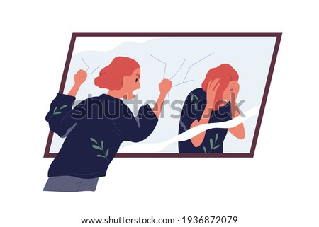 Concept of self-judgment, criticism, and mental problems. Inner critic blaming, shaming, and shouting at mirror reflection. Woman feeling guilty. Colored flat vector illustration isolated on white