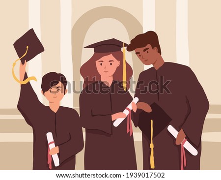 Young graduates holding diplomas during college graduation. Diverse students in caps and gowns. Multiracial university friends. Colored flat vector illustration of people with bachelor's degrees