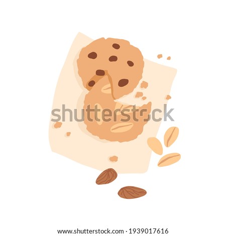 American chocolate chip cookie and bitten biscuit with nuts on napkin. Top view of fresh crunchy oat shortbread with almond or peanuts. Colored flat vector illustration isolated on white background