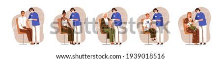 Nurses vaccinating people with vaccine injection for diseases and viruses prevention. Vaccination of adults, children and aged patients. Colored flat vector illustration isolated on white background
