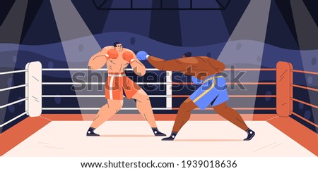 Muscular boxers fighting on boxing ring. Sparring of strong fighters in shorts and gloves on sports arena. Fighter punching his opponent. Colored flat cartoon vector illustration of wrestling