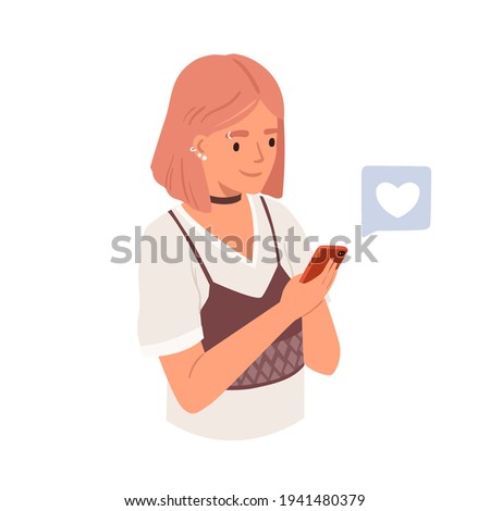 Happy young woman with smartphone using social networks app. Modern teenager with mobile phone surfing internet and getting likes. Colored flat vector illustration isolated on white background