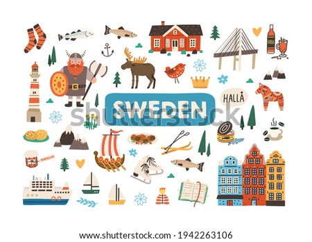 Set of traditional symbols of Sweden and Stockholm isolated on white background. Bundle of Swedish animals, Scandinavian architecture, food, viking, fish and ship. Colored flat vector illustration