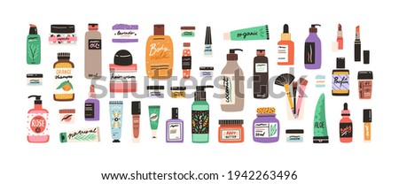Set of different beauty cosmetic products for body, hair and skin care. Bundle of organic cosmetics and makeup items in bottles, tubes and jars. Colored flat vector illustration isolated on white