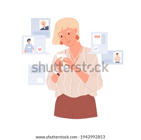 Young woman using dating app on mobile phone for finding boyfriend. Person with smartphone seeking for couple online. Colored flat vector illustration of date application isolated on white background