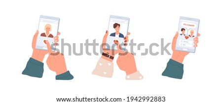 Love match between man and woman in dating app. Male and female hands holding mobile phones with application for couple building. Colored flat vector illustration isolated on white background