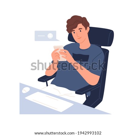 Happy young man using mobile phone app for chatting online and texting messages. Guy with smartphone during virtual communication. Colored flat vector illustration isolated on white background