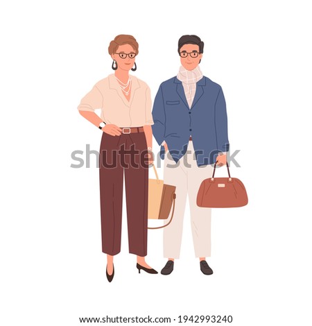 Couple of modern mature colleagues isolated on white background. Portrait of trendy businessman and businesswoman. Smiling people in stylish formal clothes. Colored flat vector illustration