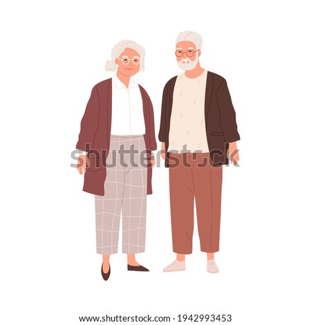 Portrait of senior couple of old people isolated on white background. Aged man and woman standing together. Colored flat vector illustration of retired gray-haired grandmother and grandfather