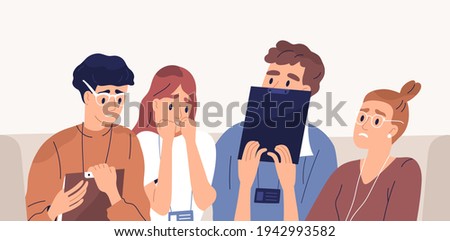 Frightened people afraid of failure. Terrified employees with fear of business fail. Panicked colleagues with facial expressions of anxiety and shock. Flat vector illustration of scared workers