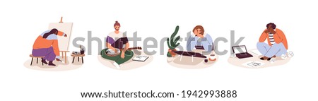 Creativity crisis and burnout concept. Set of sad creative people with no ideas and inspiration, problems with imagination at work. Colored flat vector illustration isolated on white background