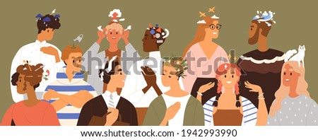 People with different thoughts and feelings. Happy, sad and pensive characters thinking, dreaming, planning and solving problems in mind. Psychological concept. Isolated flat vector illustration