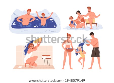 Set of healthy people during body hardening procedures. Adults and children pouring cold water over head, swimming in ice-hole and rubbing skin with snow. Isolated colored flat vector illustrations Photo stock © 
