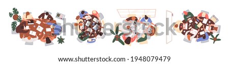 Top view of teams working together at conference tables. Set of people during brainstorming, work or education process, sitting around desks. Colored flat vector illustration isolated on white