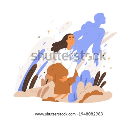 Soul rising and leaving human body. Concept of spirit separation and liberation. Person during esoteric or religious spiritual experience. Colored flat vector illustration isolated on white background