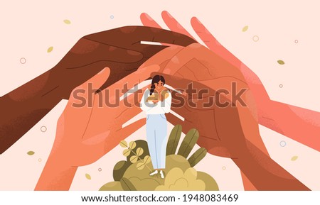 Concept of support and protection of young single mothers with babies. Help hands and assistance of family and society for moms with children. Happy safe motherhood. Colored flat vector illustration
