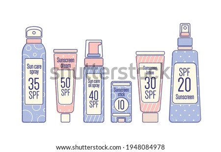 Tubes and bottles of sunscreen products with different SPF levels in line art style. Set of anti-UV cream, lotion, spray and stick. Colored flat vector illustration isolated on white background