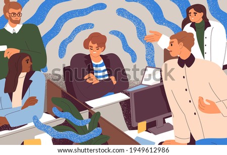 People conflicting with toxic selfish coworker. Concept of unhealthy environment, teamwork problems and bad relationships in office. Colored flat vector illustration of colleague's argument