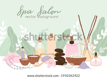 Spa, wellness and beauty salon background. Promotion template design with flowers, leaves, cosmetic bottles and packagings. Flat vector illustration of banner with organic cosmetics and plants