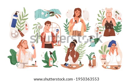 Set of women applying cleansing and moisturizing face skincare products at home. Everyday skin care routine with cleanser and moisturizer. Colored flat graphic vector illustration isolated on white