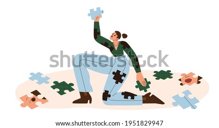 Concept of mental health, self-recovery, rehabilitation and creation of yourself. Person rebuilding her personality and life. Colored flat graphic vector illustration isolated on white background