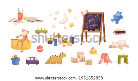 Set of kid plush and plastic toys, chalkboard, pencils, drawings, books, wooden building cubes and blocks for children's entertainment. Colored flat vector illustration isolated on white background