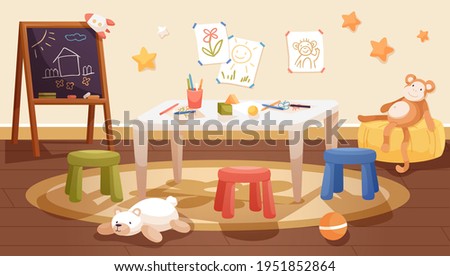 Kindergarten interior design with table, chairs and chalkboard. Kids room with stationery, toys and drawings. Classroom of nursery school. Colored flat vector illustration of playroom with furniture