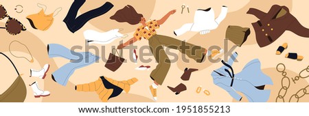 Woman shopaholic flying among clothes. Fast fashion, consumerism and overconsumption concept. Young lady with apparel, garment, purchases around. Colored flat vector illustration of wide banner