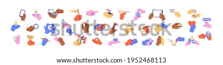 Set of colorful hands holding different objects, business papers, money, devices, credit cards, fingers pointing at screens, and gestures. Colored flat graphic vector illustration isolated on white