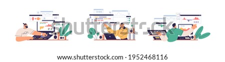 Sound designers and audio engineers mixing, creating and recording music at workplaces with computers, professional equipment and software. Colored flat graphic vector illustration isolated on white
