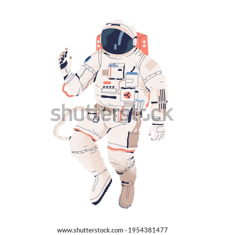 Astronaut or cosmonaut in spacesuit in zero gravity isolated on white background. Spaceman with oxygen tank soaring in weightlessness. People exploring universe. Flat textured vector illustration.