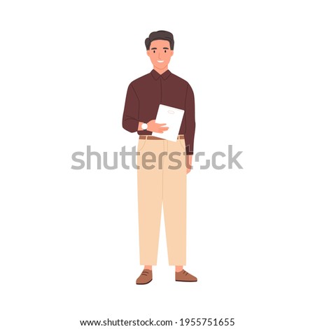 Portrait of happy smiling businessman holding tablet PC. Confident office worker standing in formal clothes. Flat vector illustration of young modern man isolated on white background.