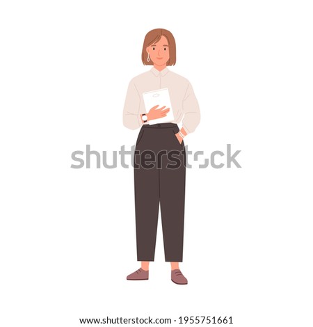 Smiling businesswoman holding tablet PC in hands. Portrait of happy office worker standing in formal clothes. Friendly young employee. Flat vector illustration isolated on white background.