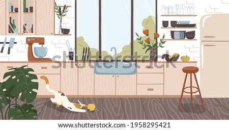 Modern interior design of cozy home kitchen with window, wooden furniture, cooking appliances, utensils, decoration, flowers and plants. Colored flat vector illustration of room in rustic style
