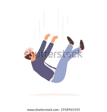 Person falling down from above. Fall of young man. Failure, fiasco, life crisis, tragedy, sudden problems and difficulties concept. Colored flat vector illustration isolated on white background