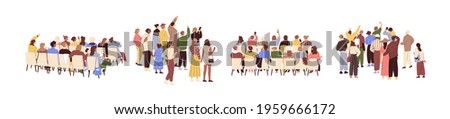 Rear view of academic auditorium, fan audience, people s crowd. Set of spectator's backs. Backside of characters sitting and standing. Colored flat graphic vector illustration isolated on white Foto stock © 