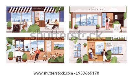 People drinking and eating outside on cafe and restaurant terraces, in coffee shops and small cafeterias. Set of men and women sitting at street tables on patio. Colored flat vector illustration