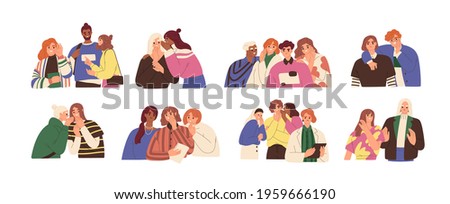 Happy and unhappy people gossiping, whispering in ear, slandering, spreading secrets, rumors, confidential information and news. Colored flat graphic vector illustration isolated on white background
