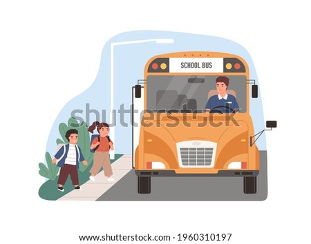 Yellow school bus driver arrived at stop with children. Kids entering schoolbus. Transport for schoolchildren. Flat vector illustration of schoolkid's transportation isolated on white background