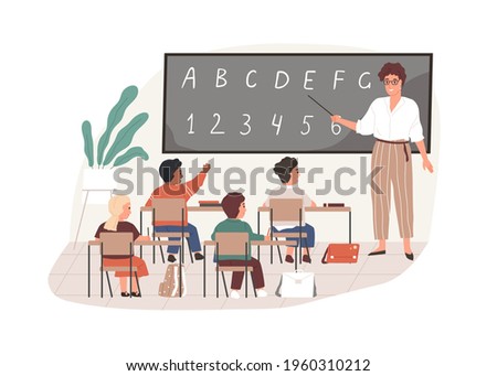 Young teacher with pointer at chalkboard in classroom. Elementary school children studying in class room. Colored flat vector illustration of pedagogue and pupils isolated on white background