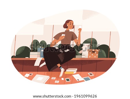 Woman sorting out old family archives with photos and papers. Organizing and storage of documents and memory pictures at home concept. Colored flat graphic vector illustration isolated on white