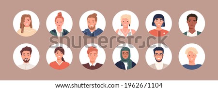 Circle avatars with young people's faces. Portraits of diverse men and women of different races. Set of user profiles. Round icons with happy smiling humans. Colored flat vector illustration