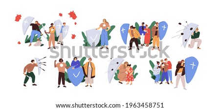 Set of people with shields protecting from dangers. Concept of defense, insurance, safety, risk protection and attack resistance. Colored flat graphic vector illustration isolated on white background