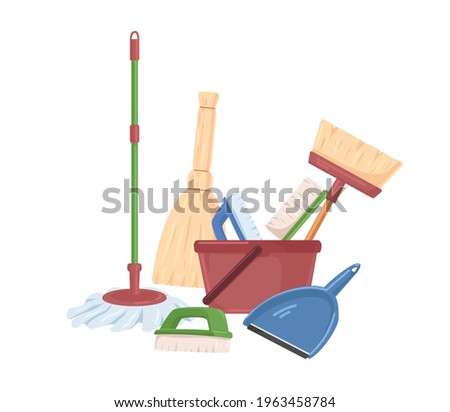 Household plastic tools such as broom, mop, bucket, scoop and brushes for cleanup. Manual domestic supplies for sweeping and cleaning. Colored flat vector illustration isolated on white background