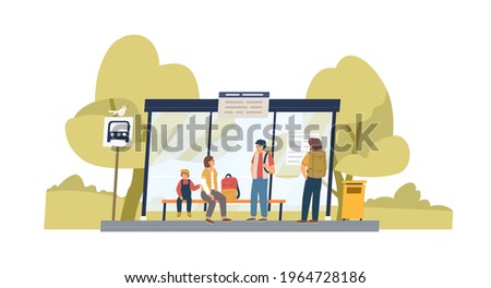 People waiting for bus at public transport stop in suburbs. Family with backpacks sitting on bench under station shelter on summer day. Colored flat graphic vector illustration isolated on white