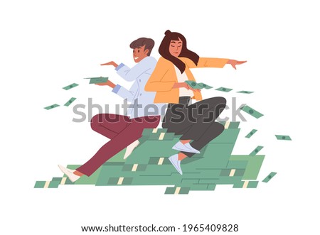 Rich wealthy careless people on bucks heap throwing cash and wasting money. Abundance and prosperity concept. Colored flat vector illustration of carefree millionaires isolated on white background