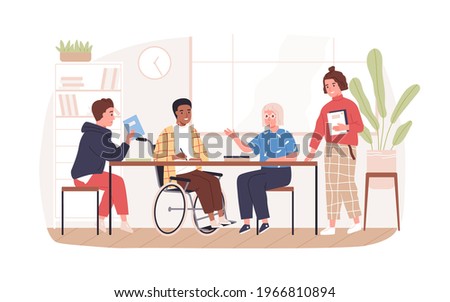 Social inclusion of people in wheelchair concept. Disabled man in wheel chair at meeting. Person with disability in student society. Colored flat vector illustration isolated on white background