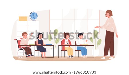 Disabled child in wheelchair studying in school. Concept of social inclusion of children with disability into education. Boy in wheel chair in classroom. Colored flat vector illustration isolated